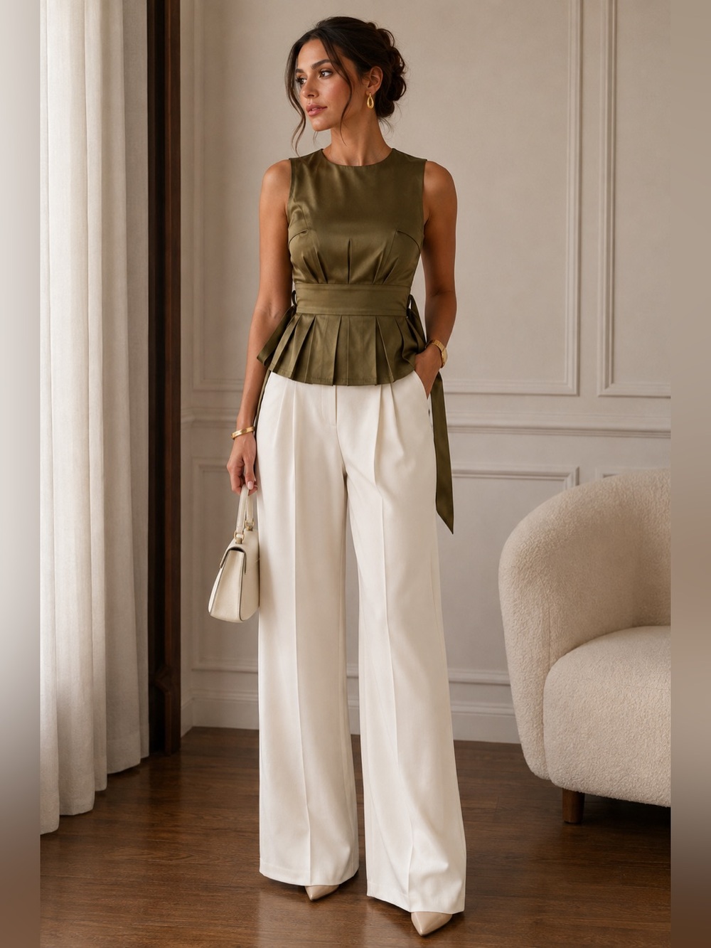 Commense Sleeveless Olive Peplum Top tied back S zz3-31